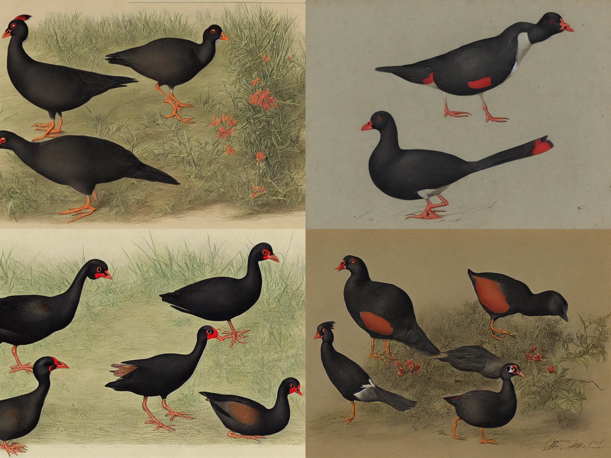 Prompt: biological drawing of common moorhen, color, 1 8 0 0 s