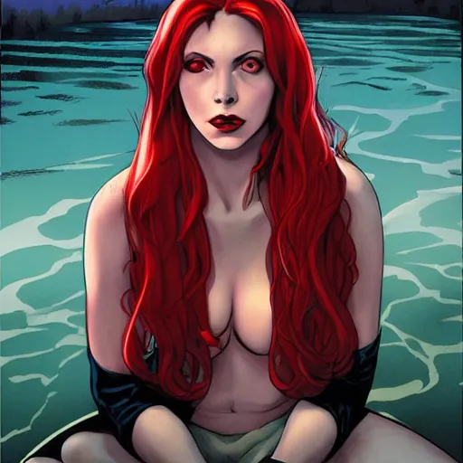Image similar to a beautiful comic book illustration of a vampire woman with long red hair sitting near a lake at night by alex ross, featured on artstation