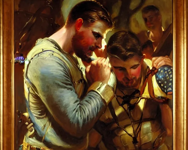 Image similar to stephen amell comforting chris evans, painting by gaston bussiere, craig mullins, j. c. leyendecker