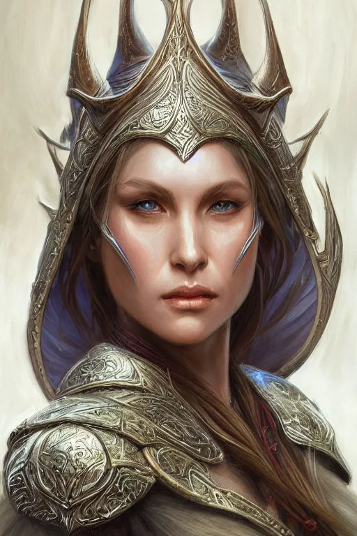 Image similar to female elven warrior portrait | highly detailed | very intricate | symmetrical | cinematic lighting | award - winning | closeup portrait | painted by donato giancola and mandy jurgens and charlie bowater | featured on artstation