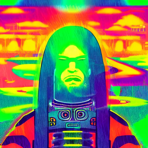 Image similar to neon rainbow samurai ghost of the rain, illustration, glitchart