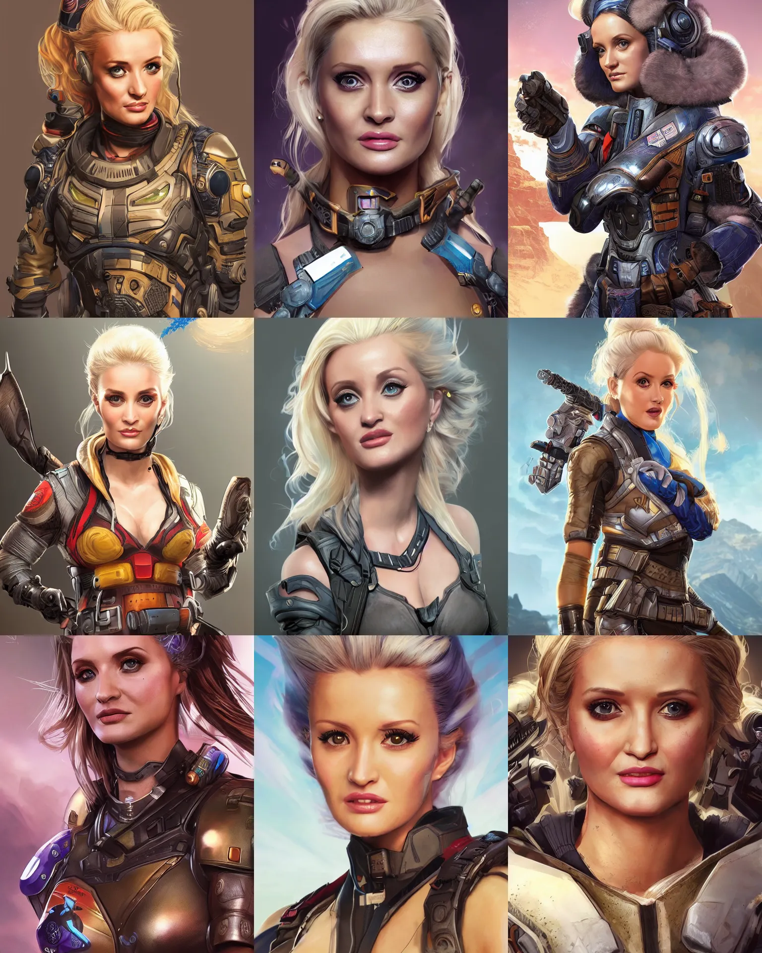 Prompt: Holly Madison as an Apex Legends character digital illustration portrait design by, Mark Brooks and Brad Kunkle detailed, gorgeous lighting, wide angle action dynamic portrait