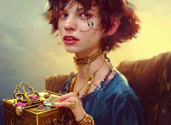 Image similar to full body picture of a pirate girl, hard breathing, messy hair, very excited, front of the treasure box, jewels and gold on the background, coveted, beautiful and aesthetic and attractive and detailed face, specular reflection, occlusion shadow, intricate, bokeh, masterpiece, by ilya kuvshinov and jeremy lipking and quentin mabille