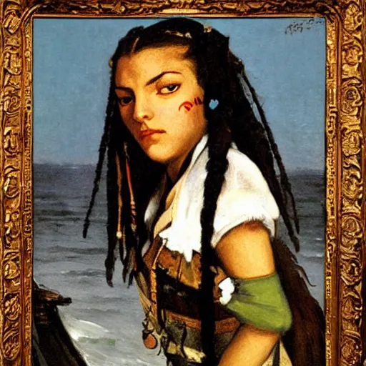 Prompt: a female pirate from avatar, painting by courbet