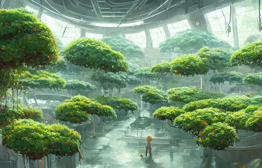 Image similar to concept art of a lush indoor hydroponics lab full of bonsai fruit trees in a far - future utopian city, key visual, ambient lighting, highly detailed, digital painting, artstation, concept art, sharp focus, by makoto shinkai and akihiko yoshida and hidari and wlop