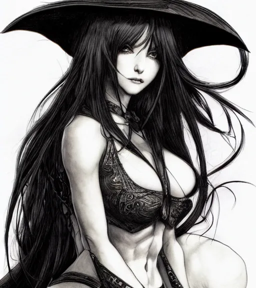 Prompt: portrait of anime succubus with long hair wearing a witch hat, perfect fit and strong body, pen and ink, intricate line drawings, by artgerm, craig mullins, ruan jia, kentaro miura, greg rutkowski, loundraw