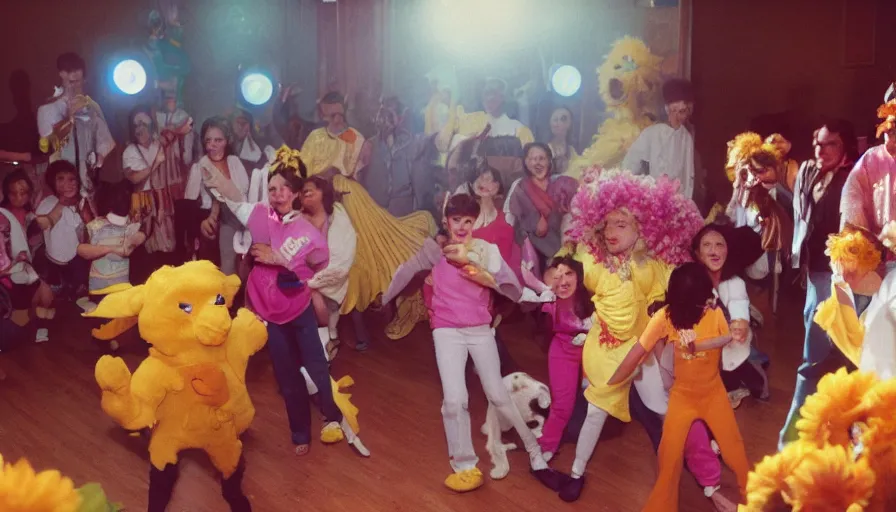 Image similar to 1990s candid 35mm photo of a beautiful day in the living room, cinematic lighting, cinematic look, golden hour, large costumed mascot Flower people dancing for families, Enormous personified flower people with outstandingly happy faces coming out of a portal and showing families how to dance, dogs dancing too, UHD