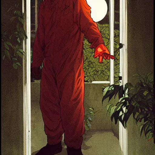 Image similar to michael myers in outside the myers house, halloween night, finely illustrated pale mask, moon light, shrubs, highly detailed, colored pencil, gainax, tankobon, in the style of ilya kuvshinov and yoshiyuki sadamoto and william - adolphe bouguereau and alphonse mucha