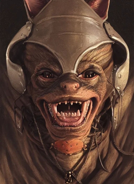 Image similar to highly detailed closeup portrait of a medieval goblin wearing cat helmets, stephen bliss, unreal engine, greg rutkowski, ilya kuvshinov, ross draws, hyung tae and frank frazetta, tom bagshaw, tom whalen, nicoletta ceccoli, mark ryden, earl norem, global illumination, god rays, detailed and intricate environment