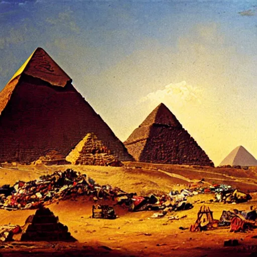 Prompt: The pyramids of Giza turned into a garbage dump, oil painting by Albert Bierstadt