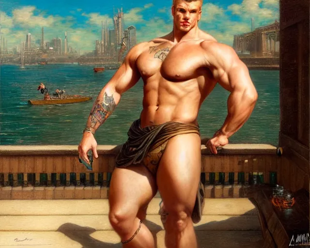 Image similar to handsome tattooed blonde gym bro by the water, steampunk painting by artgerm, gaston bussiere, craig mullins, j. c. leyendecker, tom of finland