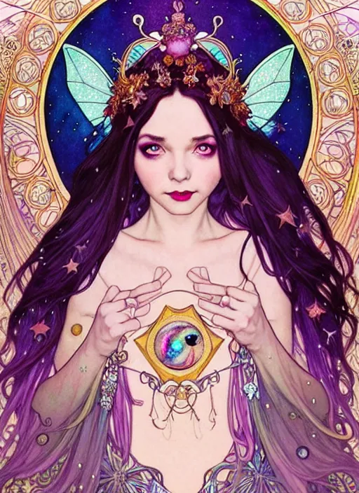 Image similar to fantastic portrait of a beautiftul witch with some shinny star, cloak, royally decorated crystal gemstones, symmetrical face, art nouveau, portrait, cute, fairy, by artgerm, kelly mckernan, mai yoneyama, alphonse mucha, detailed background, artstation, intricate, elegant, highly detailed, colorful, maximalist