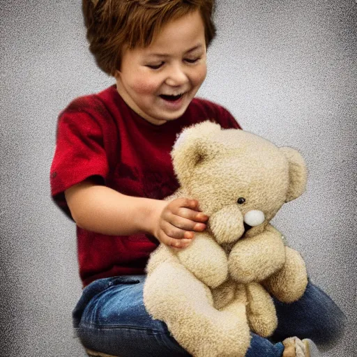 Prompt: little kid holding teddy bear, digital art