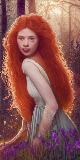 Image similar to young woman, full covering intricate detailed dress, serene smile, surrounded by golden firefly lights amidst nature, long red hair, precise linework, accurate green eyes, small nose with freckles, beautiful smooth oval shape face, empathic, expressive emotions, dramatic lights spiritual scene, hyper realistic ultrafine art by artemisia gentileschi, jessica rossier, boris vallejo