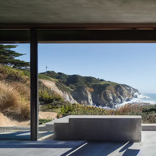 Image similar to a modern concrete house on the bluffs overlooking the ocean in big sur california