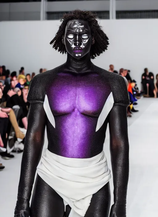 Prompt: hyperrealistic and heavy detailed off white avant garde runway show of thanos ( marvel comics ), leica sl 2 5 0 mm, vivid color, high quality, high textured, real life