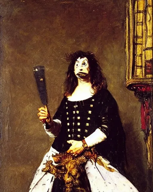 Prompt: Ozzy Osbourne as a royal courtly magician in the 17th century. Baroque portrait in the style of Caravaggio, William Merritt Chase, Goya.