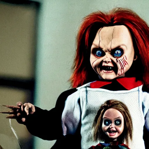 Image similar to Chucky the killer doll being held by Johnny Depp playing Charles Lee Ray