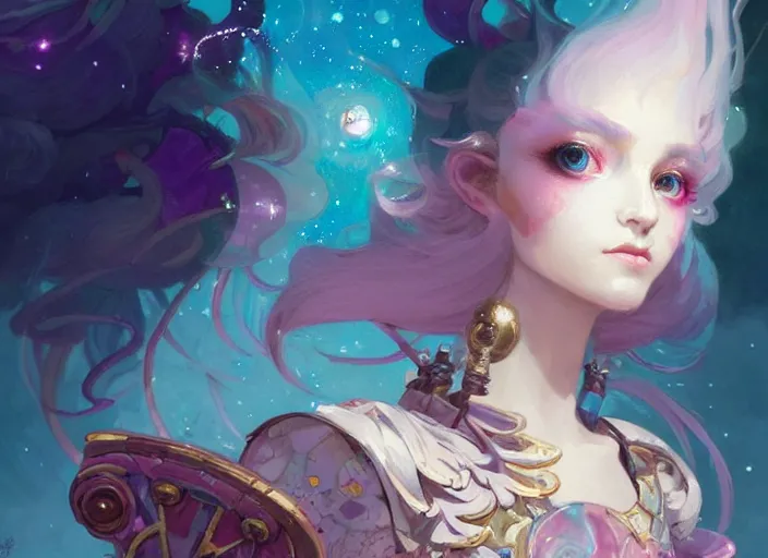 Image similar to close up picture of an maximalist dress magical girl, neat hair, slightly smiling, extremely beautiful and aesthetic and detailed cute face and eyes, wipe out evils with cute astronaut familiar sprites, aming the magics, magical beam, chiaroscuro, intricate, masterpiece, fantasy illustrations by peter mohrbacher and anato finnstark and jeremy lipking
