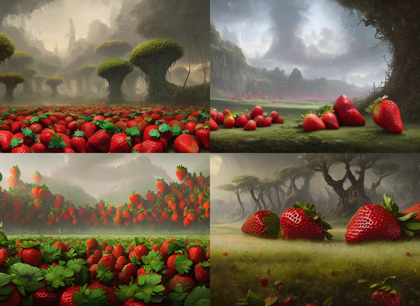 Prompt: a beautiful landscape of big oversized overgrown strawberries painted by tom bagshaw, raphael lacoste, eddie mendoza, alex ross concept art matte painting