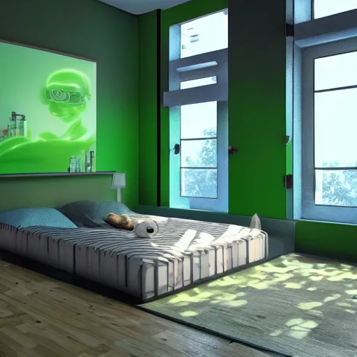 Image similar to small room in tokyo, window open, dawn, computer, green glow on monitor's face, walls anime posters, lots of appliances, small bed not made, hyper realism, photo realism, hyper details, soft light, soft shadows, oil painted, blurred photo