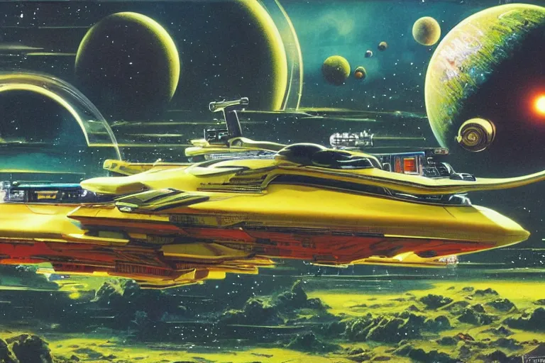 Prompt: bold military spaceship cruising in front of a lush planet, fluid, smooth, bright saturated colours, high contrast, sharpness, very detailed, intricate, by angus mckie, colin hay, stewart cowley, john berkey, wojciech siudmak