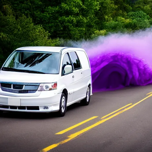 Prompt: white minivan driving away from a purple tornado