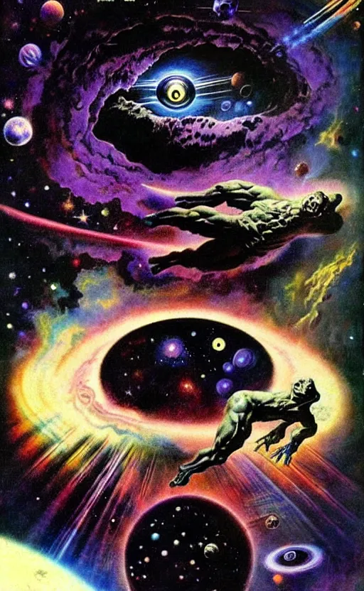 Image similar to trippy psychedelic cosmic eyes in outer space illustration by frank frazetta