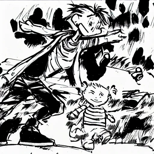 Prompt: calvin and hobbes, drawn by jim lee,