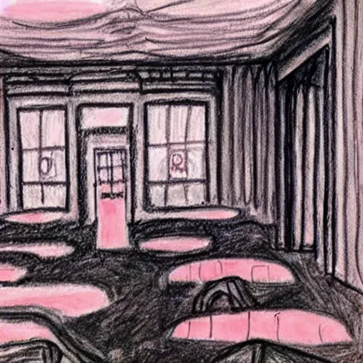 Image similar to “ child ’ s bad crayon drawing of the overlook hotel interior ”