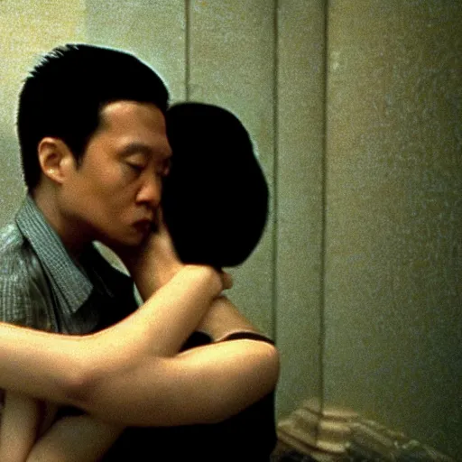 Image similar to wong kar wai love movie scene. wide angle 9 mm lens