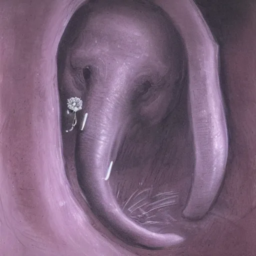 Image similar to purple elephant crying in a cave, tears from eyes, close up camera angle, raining, illustration, detailed, smooth, soft, cold, by Adolf Lachman, Shaun Tan, Surrealism