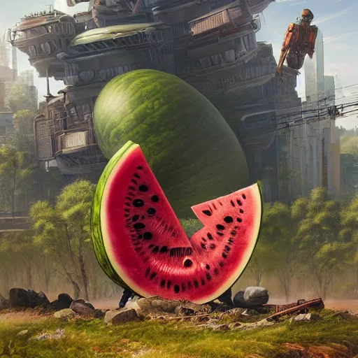 Image similar to Concept Digital Art Highly detailed giant Watermelon warlord protecting Ukrainian city from Orks by Taras Shevchenko and Stephen Hickman and Beeple. Very highly detailed 8K,Pentax 67, Kodak Portra 400 in style of Hiromasa Ogura Ghost in the Shell, the golden ratio, rational painting