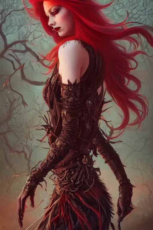 Prompt: full body shot, malevolent witch with 4 eyes, red hair, crow helmet, floral dress, dead forest, fantasy, intricate, photorealistic, elegant, stylish, highly detailed, digital painting, artstation, concept art, smooth, sharp focus, illustration, art by artgerm and greg rutkowski and terese nielsen, fire scheme