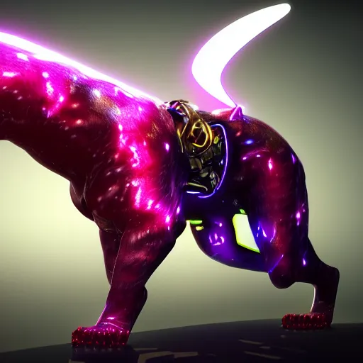 Image similar to portrait of a neon cyberpunk cyborg jaguar animal snarling, octane render