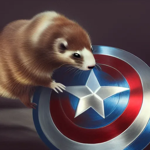 Image similar to A ferret is cuddling Captain America's shield, hyperdetailed, artstation, cgsociety, 8k