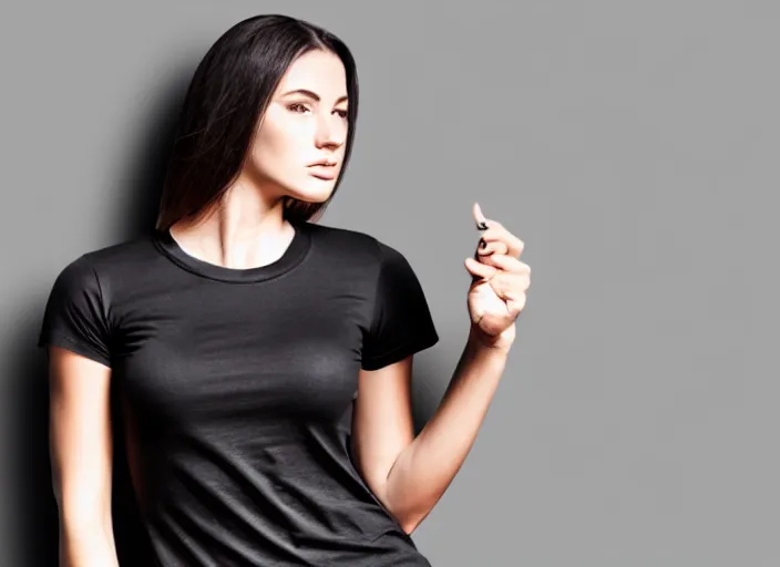 Image similar to clear photorealistic mockup product photograph of a blank black tshirt on an attractive female model in front of a livingroom!! background