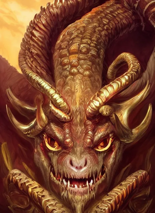 Image similar to hellish demon with gold fangs and twisted horns, close up, goat eyes and snake scales, hairy beast, sinister portrait, highly detailed, digital painting, artstation, concept art, matte, sharp focus, illustration, dramatic, cinematic sunset, hearthstone, art by artgerm and greg rutkowski and alphonse mucha