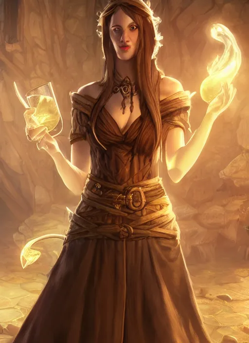 Prompt: barkeep tavern lady ultra detailed fantasy, elden ring, realistic, dnd character portrait, full body, dnd, rpg, lotr game design fanart by concept art, behance hd, artstation, deviantart, global illumination radiating a glowing aura global illumination ray tracing hdr render in unreal engine 5