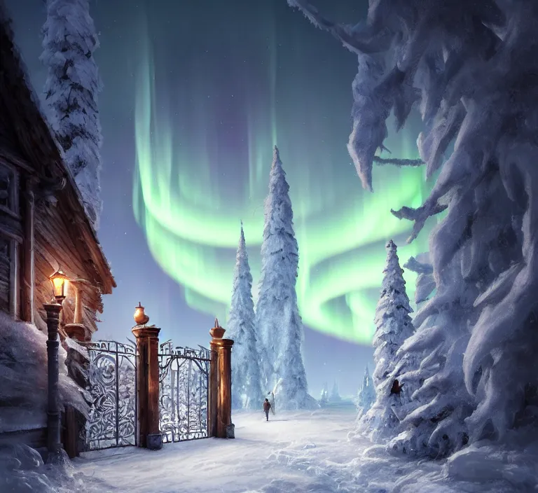 Prompt: a very detailed concept art of intricate and well designed white gates to santa's northpole, infused with aurora borealis by greg rutkowski, dynamic lighting, trending on artstation, path traced, highly detailed, high quality, digital painting,, digital art, 4 k, hyper realistic, octane render, sharp focus