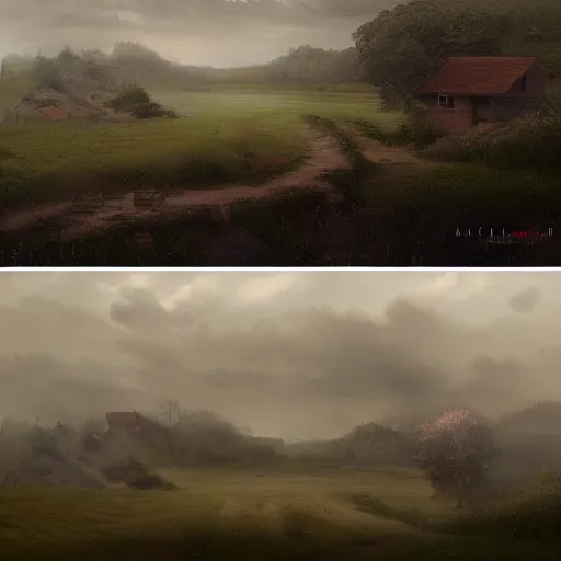 Prompt: matte painting of a countryside landscape of a village. gloomy, fog, elaborate, detailed digital art trending in artstation