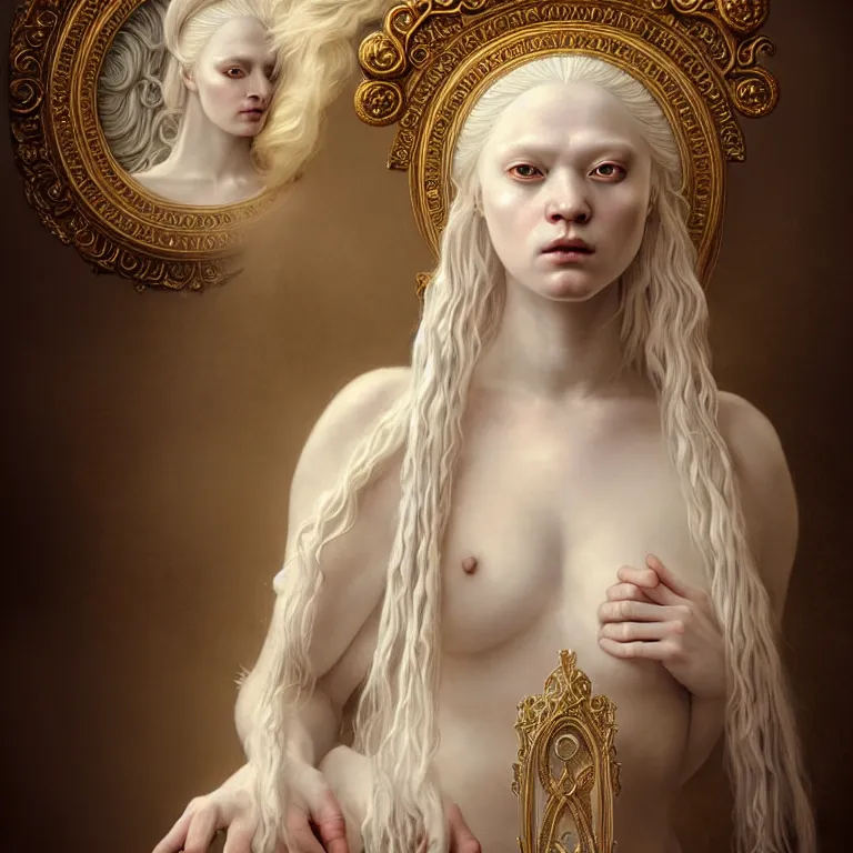 Prompt: renaissance style a wonderful woman albino goddess with a wonderful face and realistic body with long intricate hair with a beautiful porcelain symmetrical body dressed with a majestic warp ornate semi transparent cream long cotton dress, hightly ornate, intricate, detailed, dramatic light, cinematic, award winning, octane render, tom bagshaw style