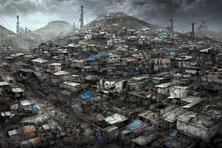 Image similar to favela winding cybernetic thrill ride, bleak arctic environment, industrial factory, somber, apocalyptic, award winning art, epic dreamlike fantasy landscape, ultra realistic,