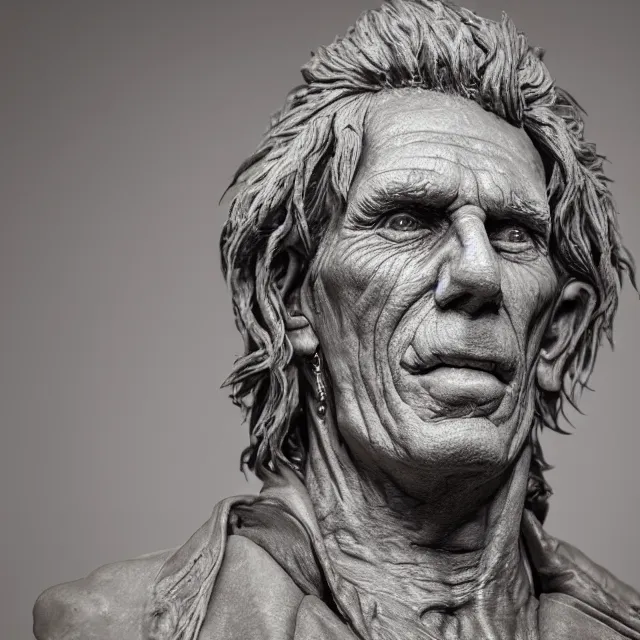Prompt: photography of a bust of old Keith Richards made of clay by Sebastian Kruger and Michelangelo, wrinkles, 50mm, studio atmosphere, 8K, rim light, octane render, ultra-realistic