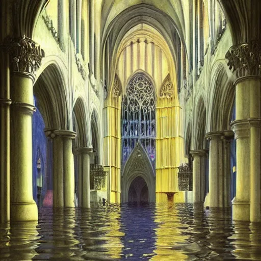 Image similar to a flooded gothic cathedral made of ivory and gold filigree, film still by edward hopper, by Bosch, by klimt, art noveau, highly detailed, strong lights, liminal, eerie, Bright pastel colors