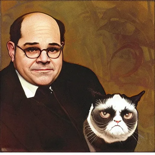 Prompt: “ george costanza from seinfeld holding grumpy cat, art nouveau, by alphonse mucha ”