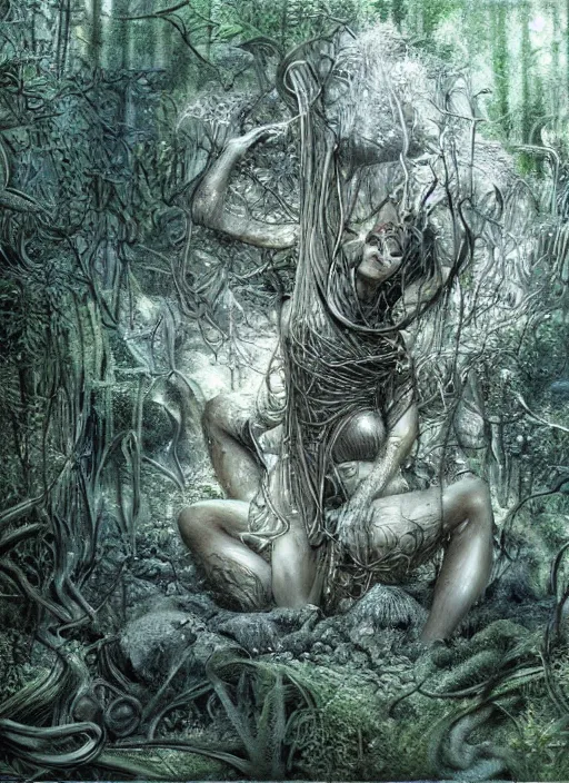 Image similar to a crystal cube in a forest, highly detailed, intricate, concept art, art station, cinematic light, realistic, ethereal light, art by H.R. Giger and sorayama