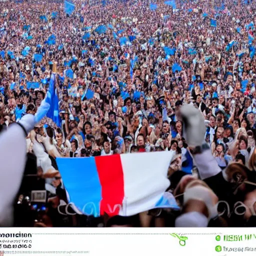 Image similar to Lady Gaga as president, Argentina presidential rally, Argentine flags behind, bokeh, giving a speech, detailed face, Argentina