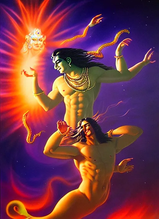 Prompt: lord shiva dancing his magical thunderous dreams of infinity, hyper realism volumetric lighting artist boris vallejo