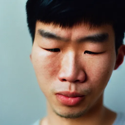 Image similar to Closeup of a young handsome asian man crying, sad, soft lighting, captured in low light, sharp focus, detailed, cinestill 800t